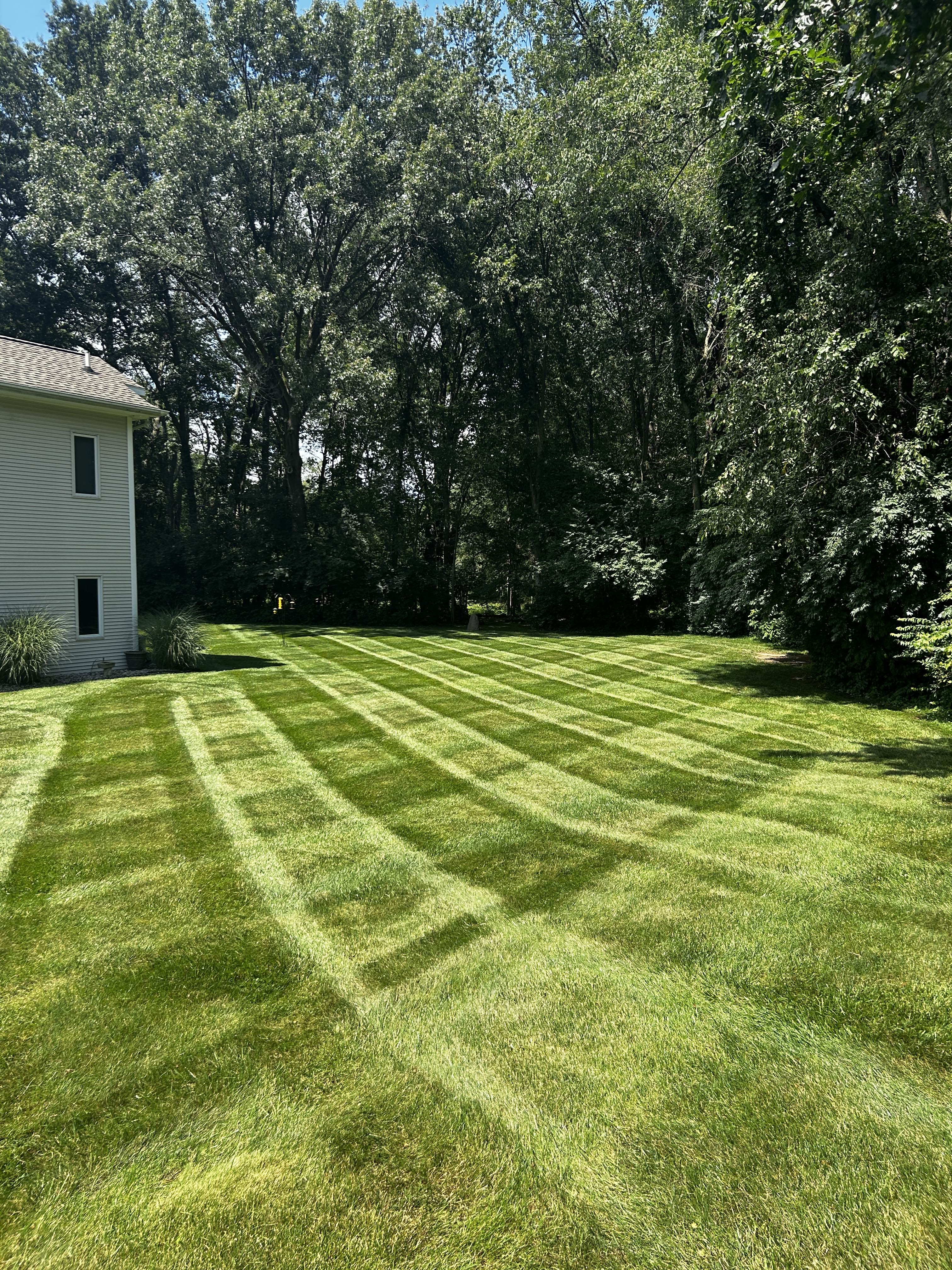 Professional lawn striping with diagonal pattern