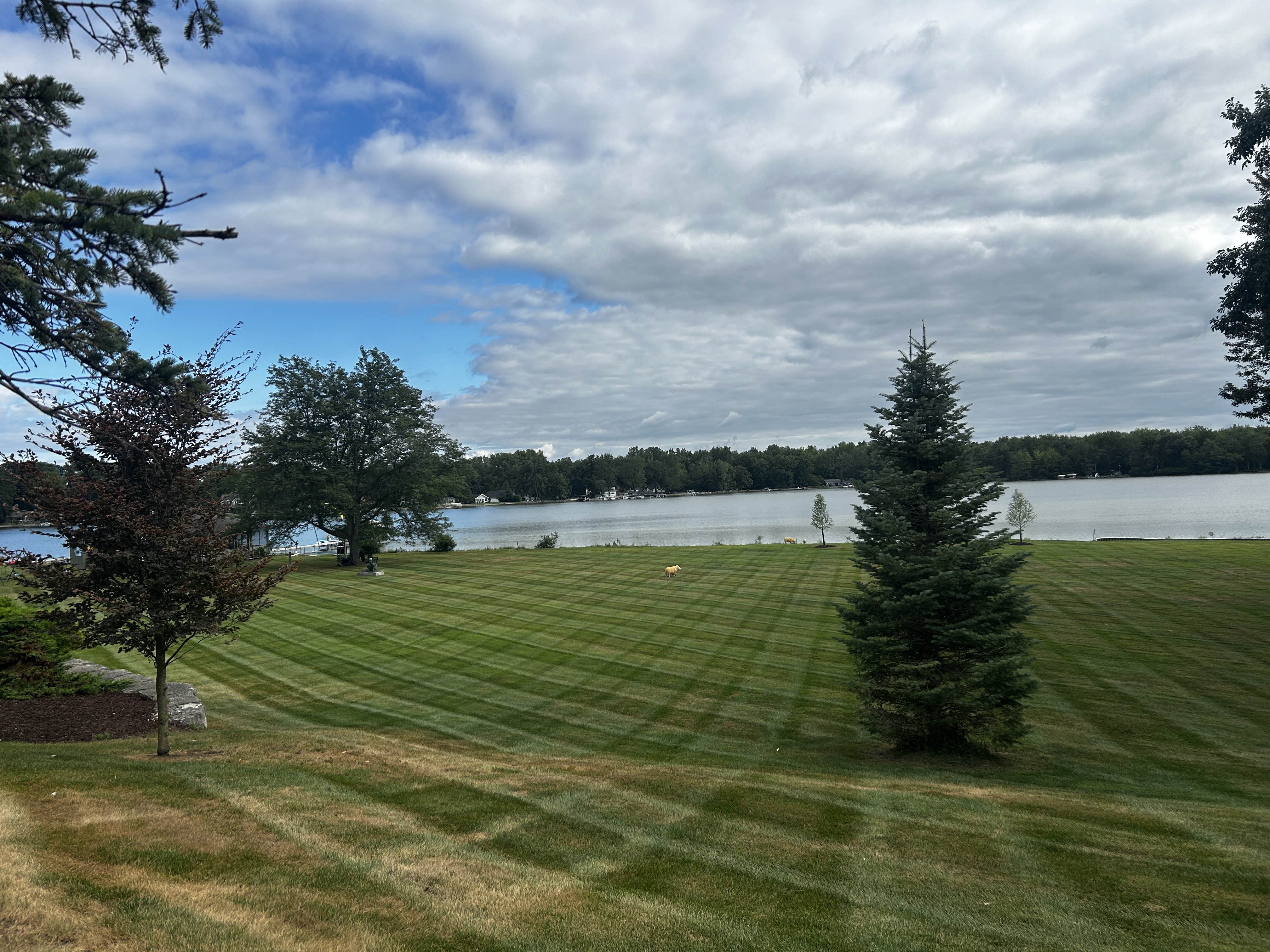 Lake view property with diagonal lawn striping
